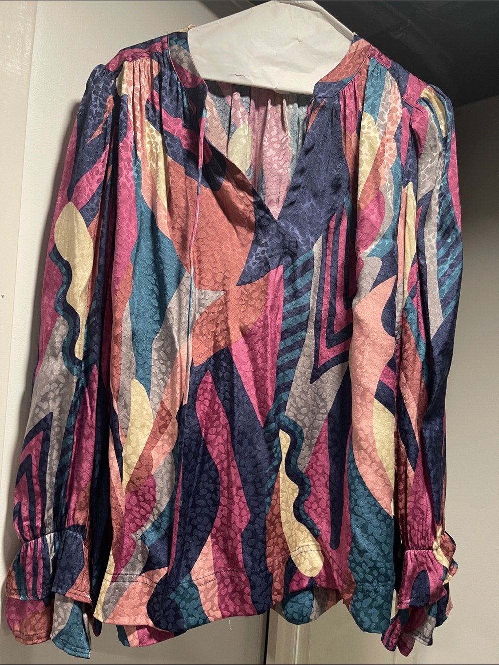ba&sh Pink Navy Teal Multi-Print Long-Sleeve Blouse